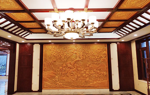 百色中式别墅客厅中式木作横梁吊顶装饰展示