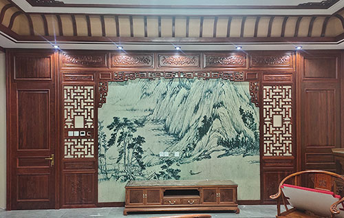 百色中式仿古别墅客厅背景墙花格木作装饰